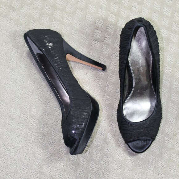 Antonio Melani Size 10M Black Ruched Fabric Over Sequins Platform Stiletto Heels - Picture 1 of 6